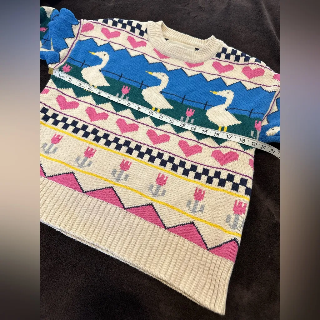 Kina & Tam Sz: XS Duck Goose Heart Flower Cottagecore Warm Winter sweater Blue - Image 2