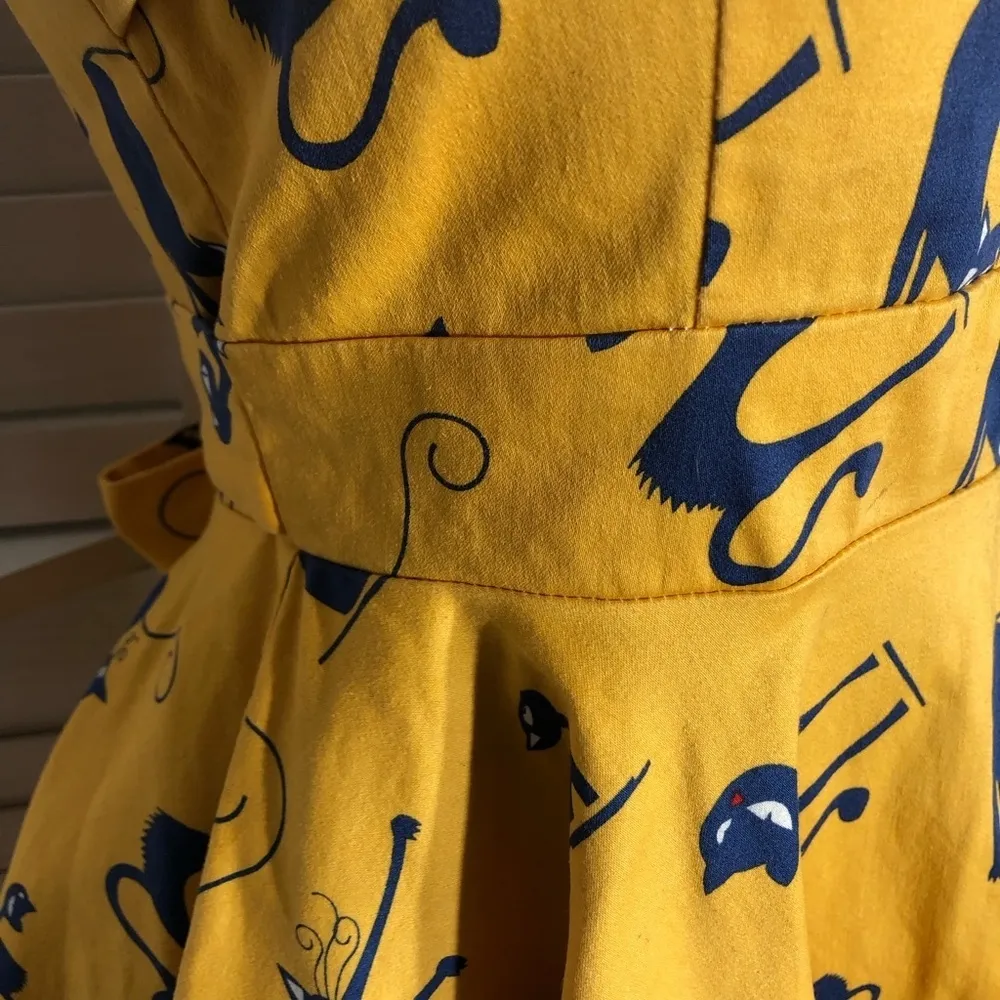Vintage IXIA Cat Print Mini Dress Yellow Blue Small - Image 9