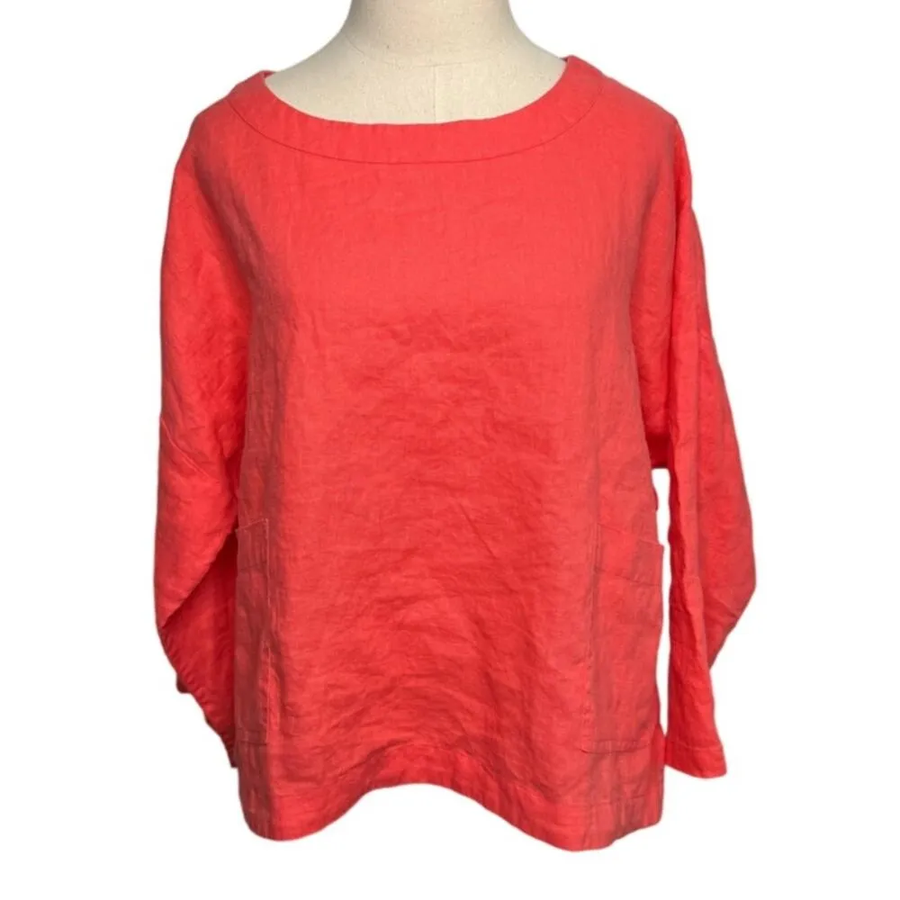 FatFace 100% linen long sleeve pop over tunic top coral salmon orange size 12 - Image 5