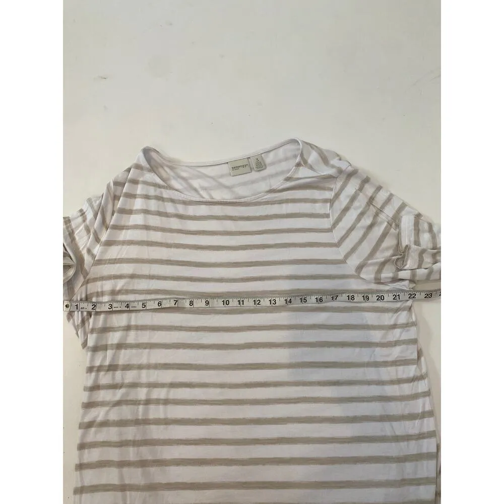 Zenergy by Chico’s White & Tan Striped Split Sleeve Stretch Knit Tunic EUC Sz XL - Image 9