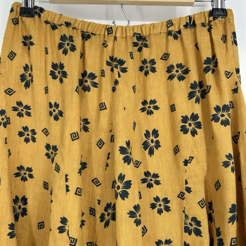 CP Shades Fanny Linen Midi Skirt Mustard Yellow Floral Boho Pull On Size S - Image 2