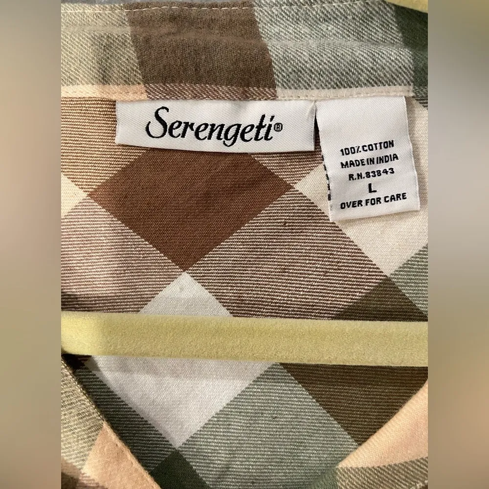 NWOT Serengeti Size L Long Sleeve Sage Pink Check Flannel Button Up Mini Dress Green Size L - Image 10