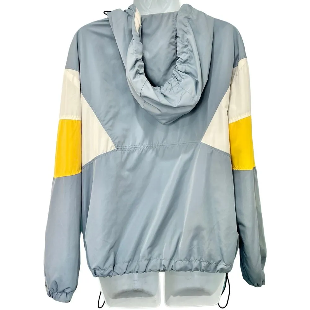 Bershka Blue White Yellow Colorblock Anorak Half Zip Snap Windbreaker size M - Image 4