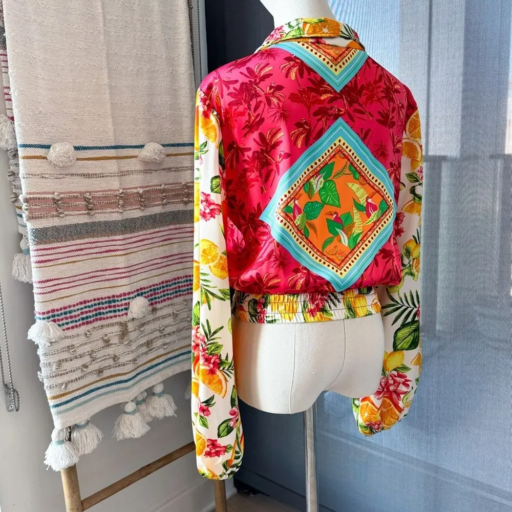 Forever 21 Tropical Ornate Print Satin Long Balloon Sleeves Jacket Women’s XS - Image 4