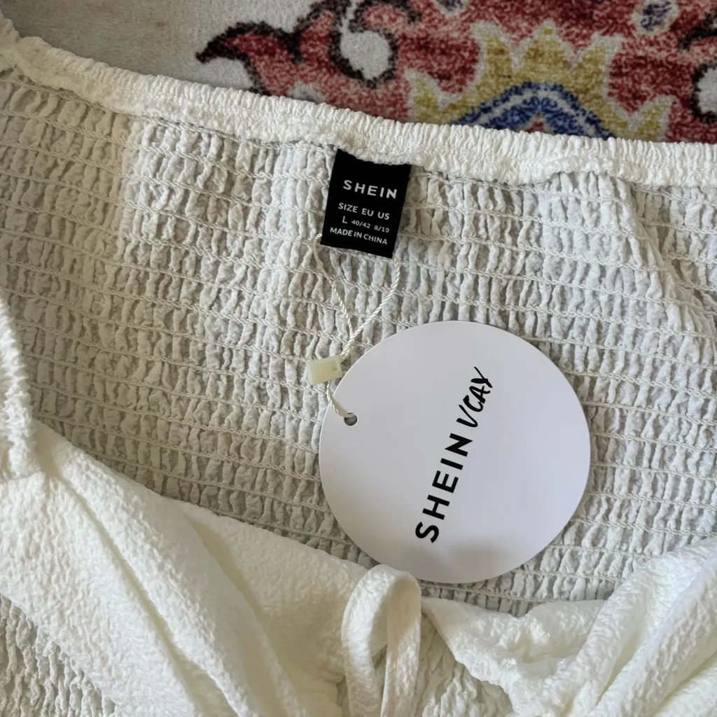 SHEIN White Puff Sleeve Cropped Smocked Blouse Milkmaid Large NWT - Image 5