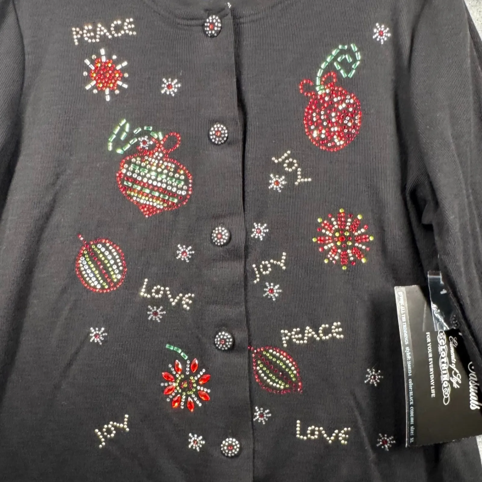 Onque Casuals Cardigan XL Christmas Cardigan Black Rhinestone Joy Peace Love VTG - Image 5