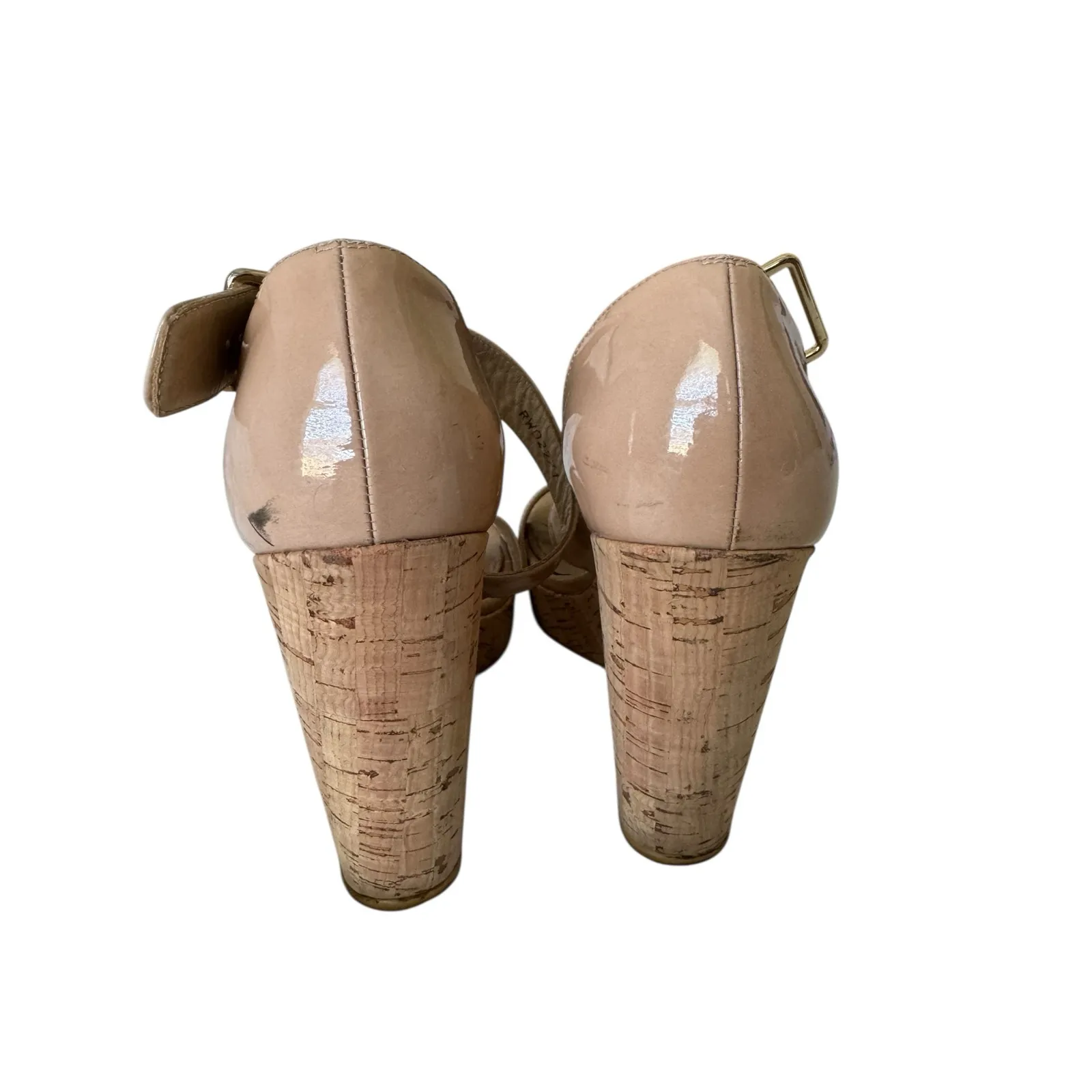 Stuart Weitzman Nude Patent Leather Cork Wedge Platform Sandals 9M Made in Spain - Image 6