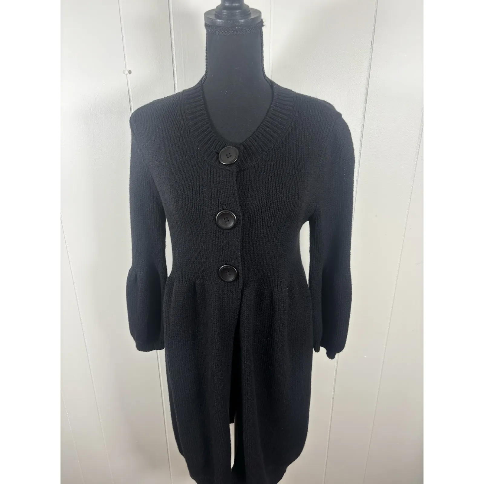 vince women's Medium black wool blend button-up Long cardigan Puff Sleeve - Image 2