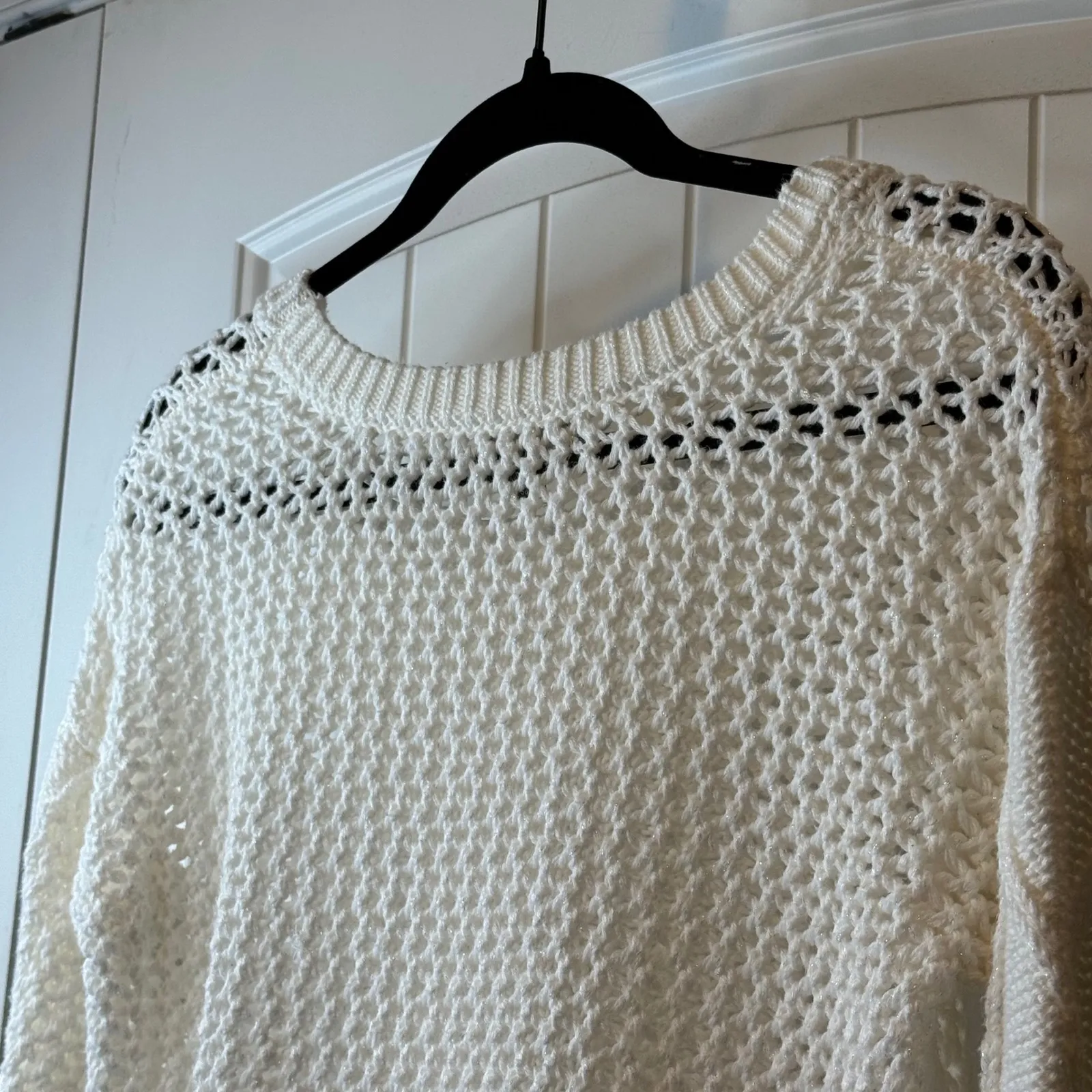 ANA A New Approach White Cable Knit Crochet Sweater Petite Size SP High/Lo‎ # - Image 4
