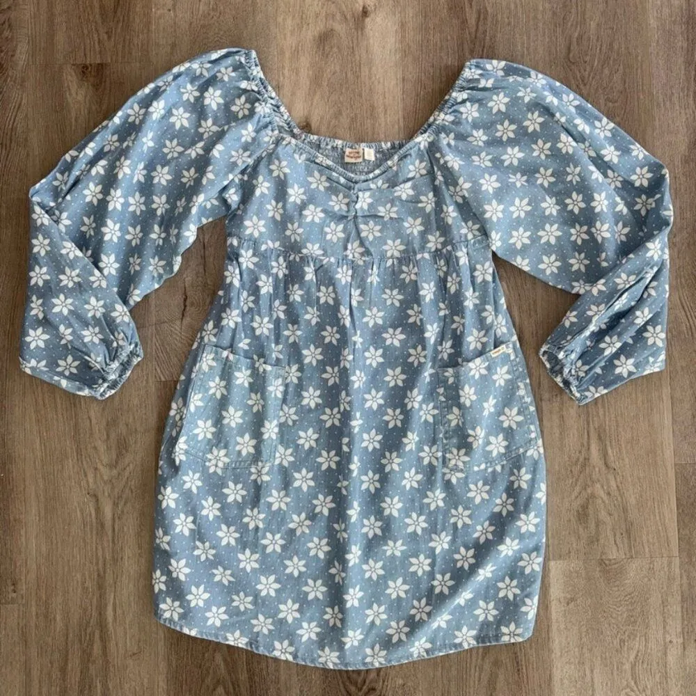 BILLABONG X WRANGLER JUST A DREAM FLORAL COTTON LONG SLEEVE DENIM MINI DRESS L - Image 3