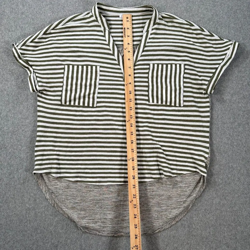 Voy HIgh Low Stripe Top Women's Small Green Short Sleeve Mixed Media Pockets - Image 5