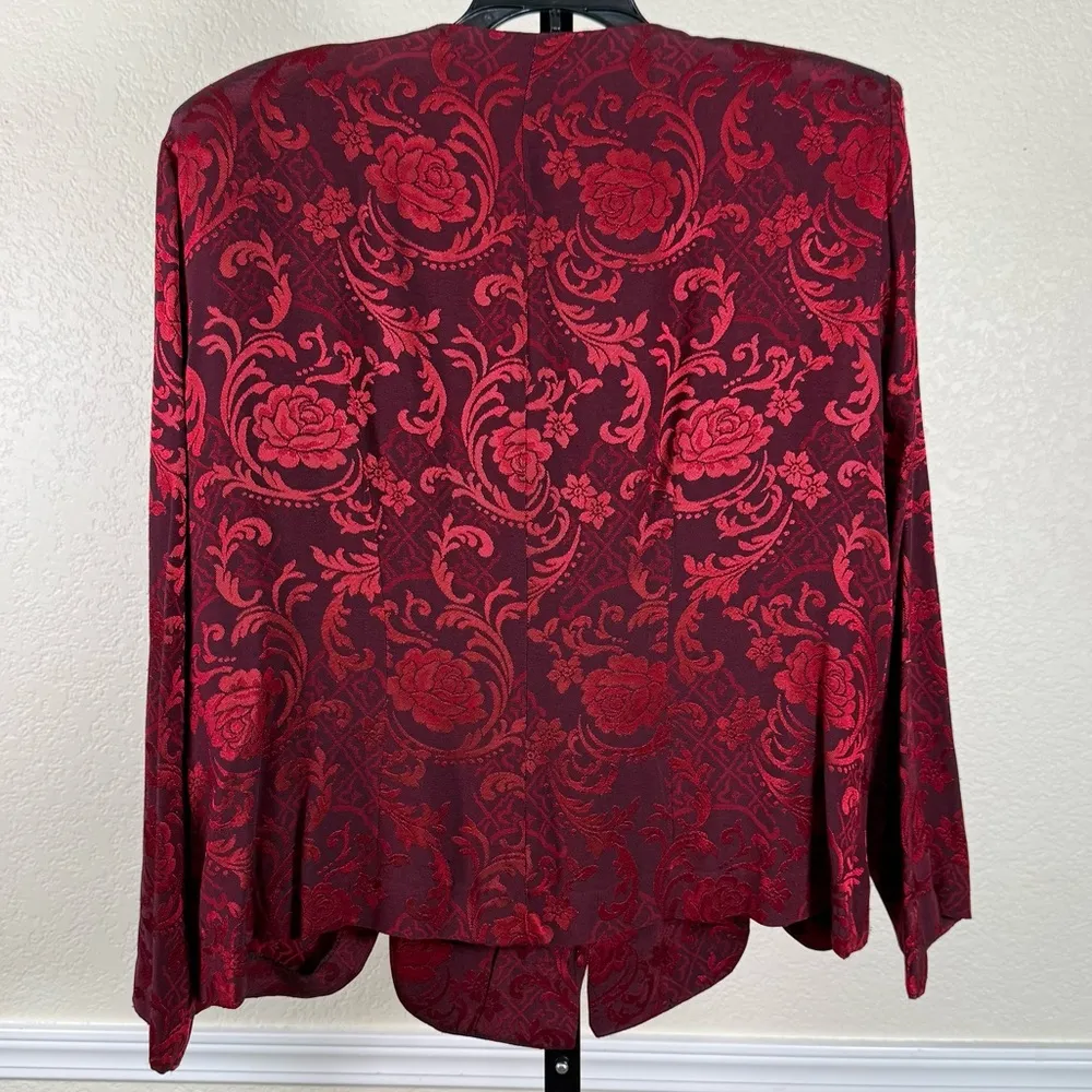 Elegant Jacquard Long Sleeve Blazer Blouse Red Black Raised Floral Shoulder Pads - Image 10