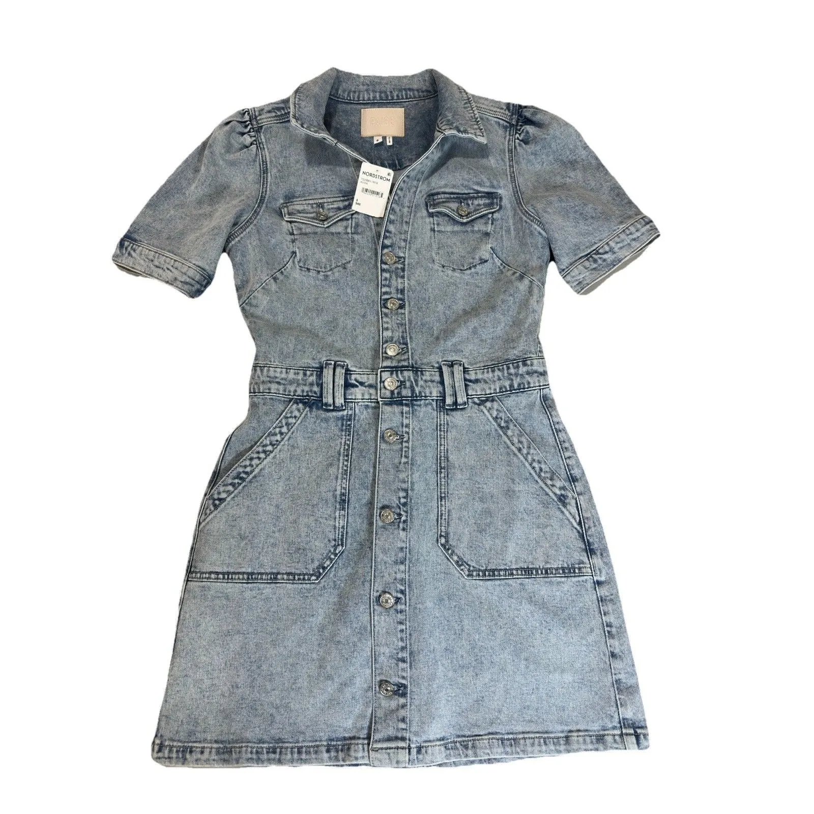 PAIGE Mayslie Denim Mini Shirt Dress Alivia Button Front Short Sleeve Sz 8 - Image 4