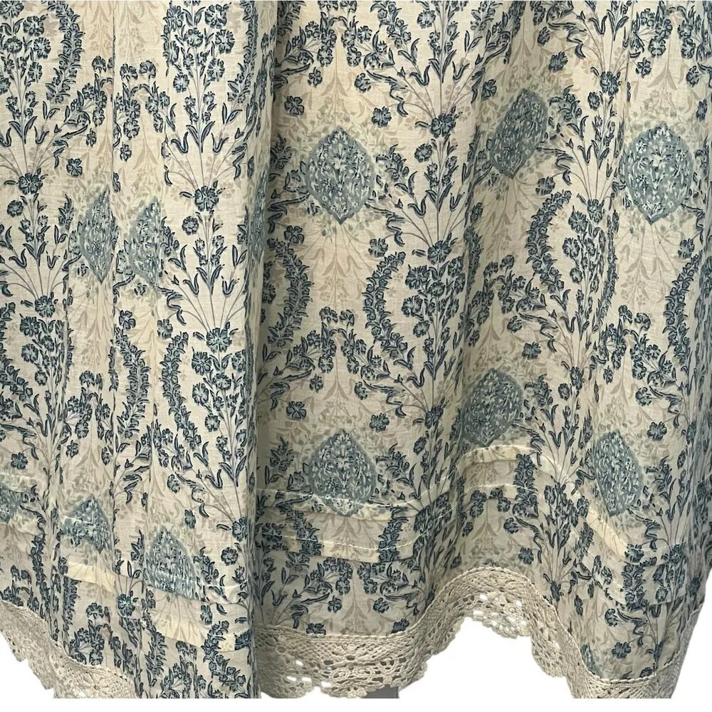 Easel Babydoll Smocked Antique Blue Cream Floral Damask Lace Trim Dress S Boho - Image 4