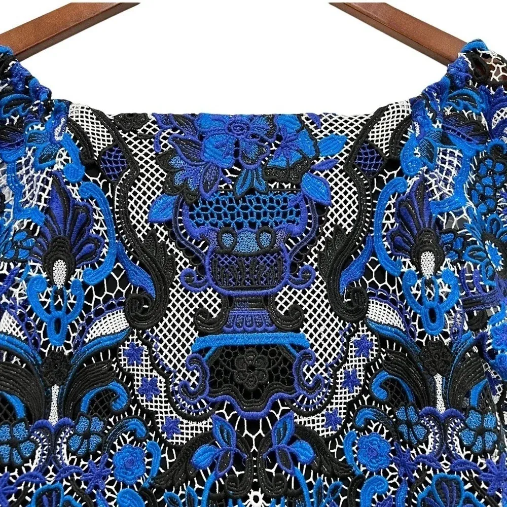 Alice + Olivia Maxie Lace Off Shoulder Embroidery Top Blouse Blue Multi Size XS - Image 4