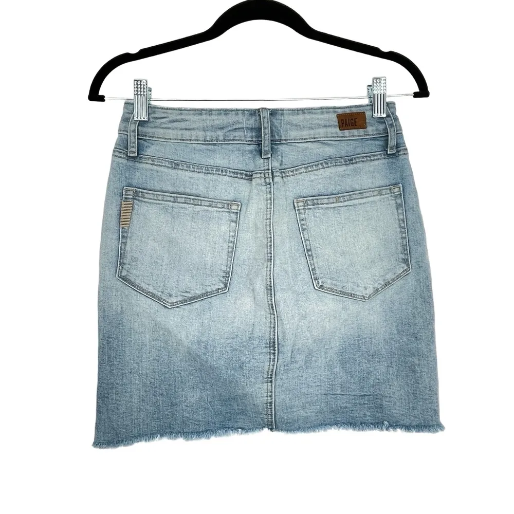 PAIGE Women's Blue Light Wash Distressed Hem Side Slits Denim Mini Skirt Size 24 - Image 2