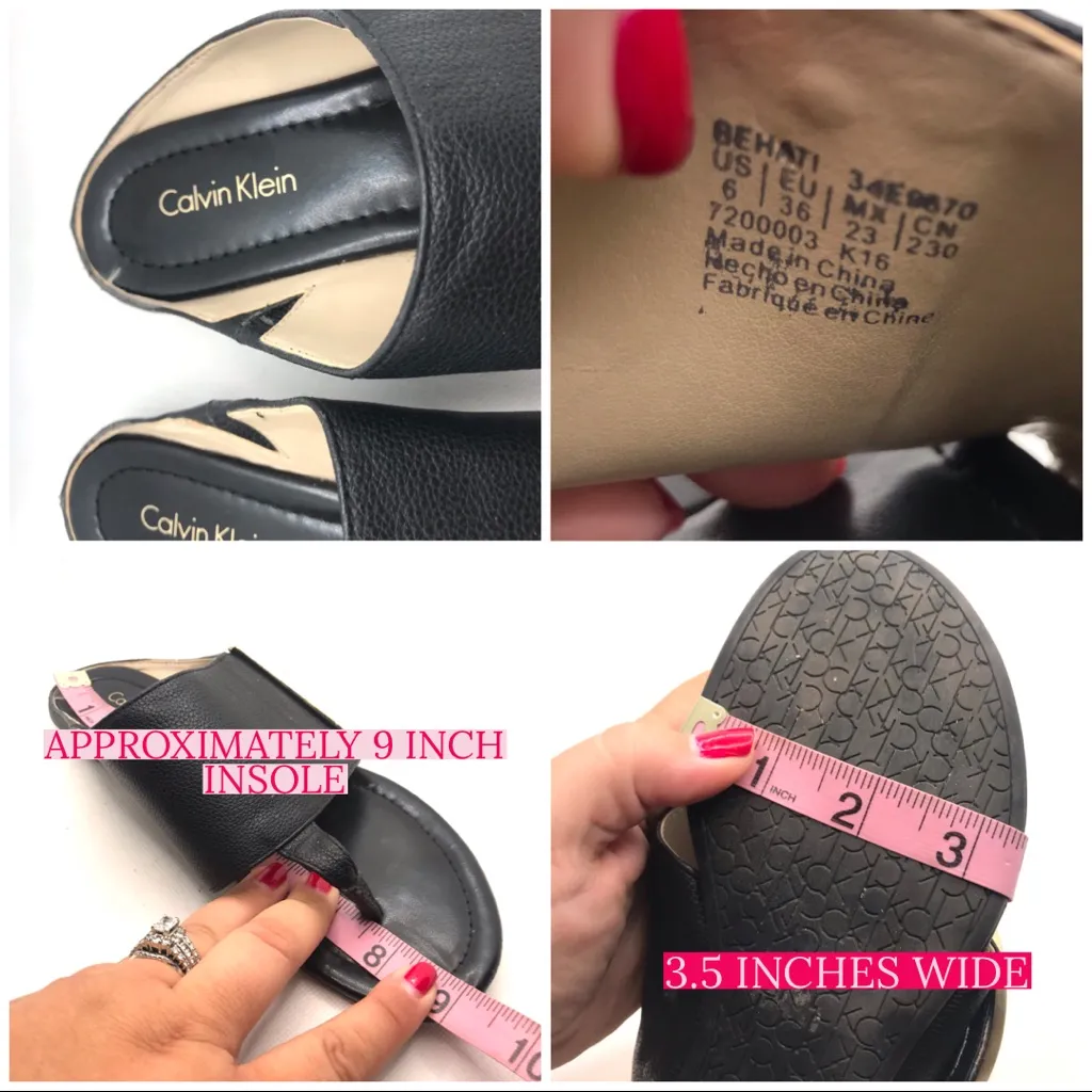 CALVIN KLEIN "BEHATI" BLACK PEBBLED LEATHER W/GOLD SIGNATURE PLATE SANDALS (6) - Image 15