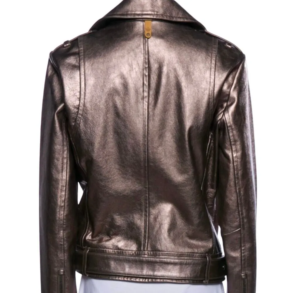 Mackage x Aritzia Metallic Gray Lamb Leather Moto Biker Jacket Small Chic Edgy - Image 5