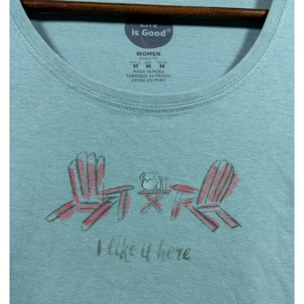 Life Is‎ Good Womens Blue T-Shirt "I Like It Here" Graphic Adirondack Chair M - Image 2