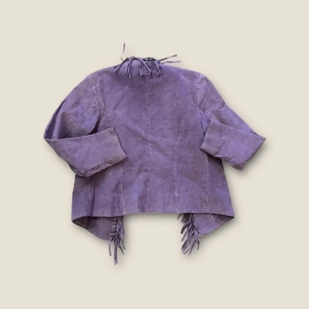 Vintage 90s Y2K Dialogue Suede Leather Fringe Open Jacket Purple Small - Image 5