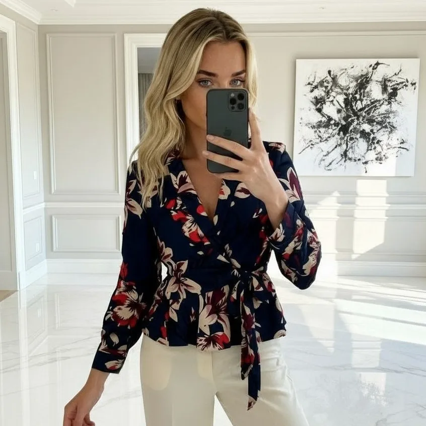 Adelyn Rae Blouse XS Navy Floral Wrap Tie Collared NWT Long Sleeve Work Top - Image 10