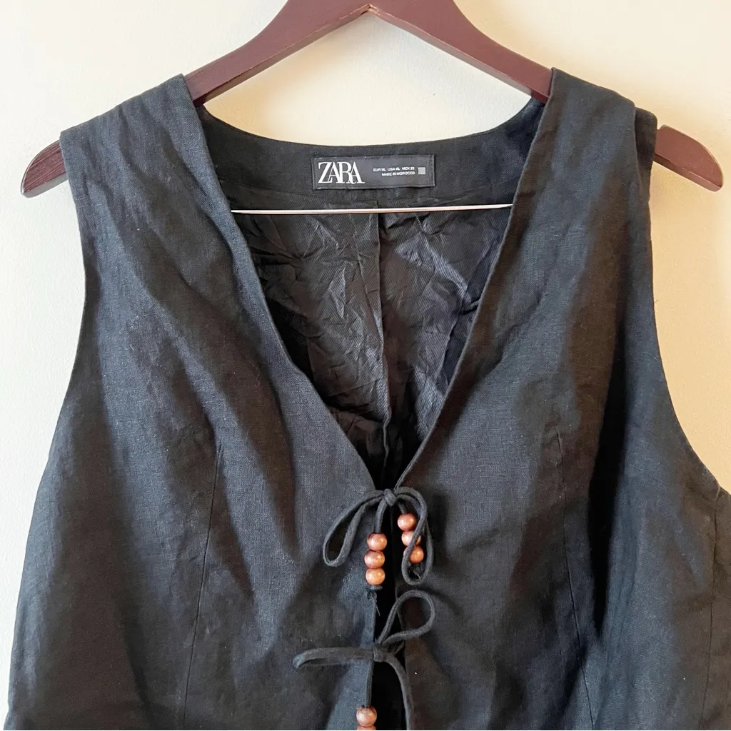 Zara Linen Black Sleeveless Vest with Beaded Tie Detail Size XL - Image 4