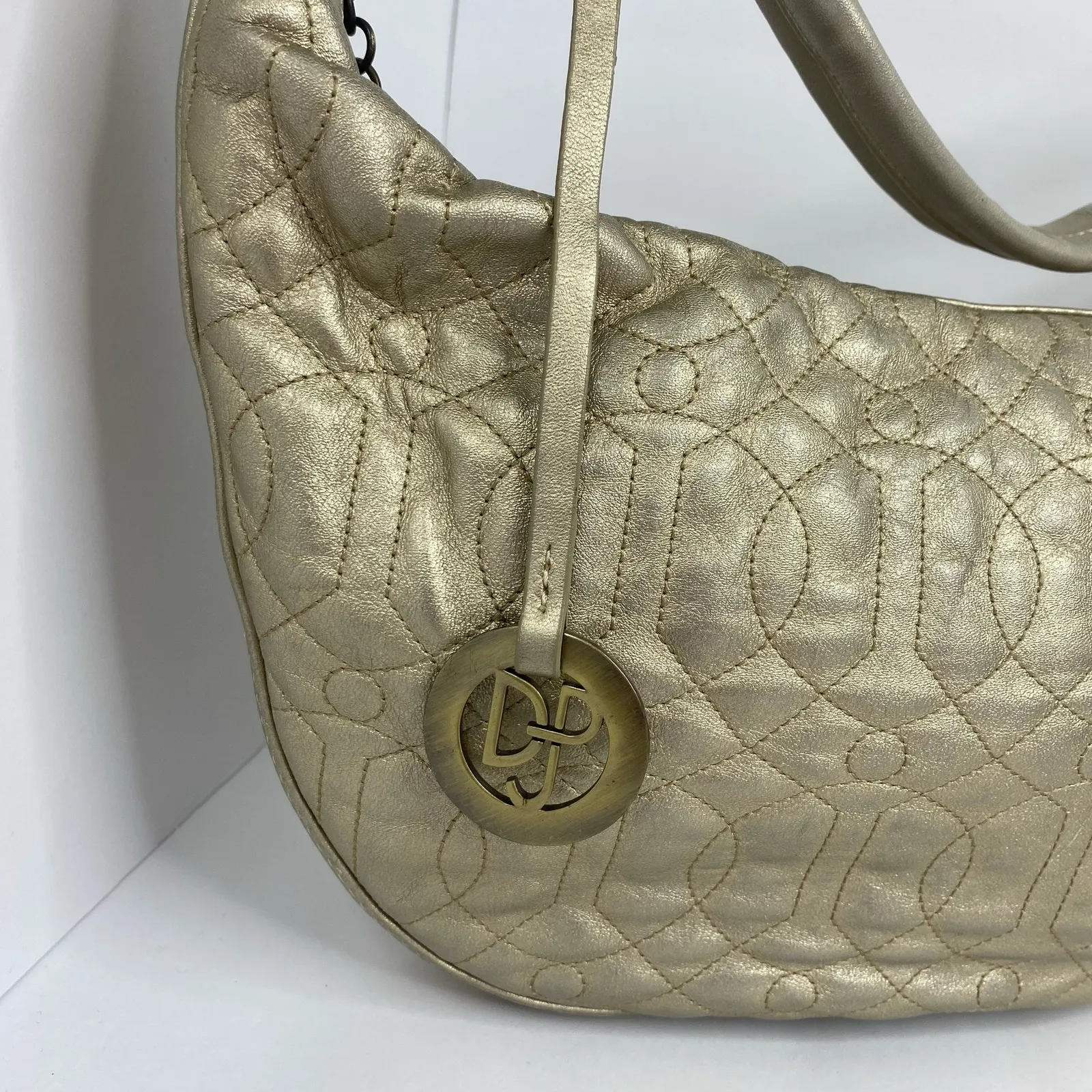 Donald J. Pliner Womens Metallic Gold Quilted Leather Hobo Shoulder Bag - Image 13