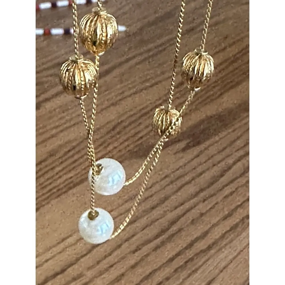 Vintage Anne Klein Necklace Gold Tone Simulated Pearl Coil Bead Station - Image 7