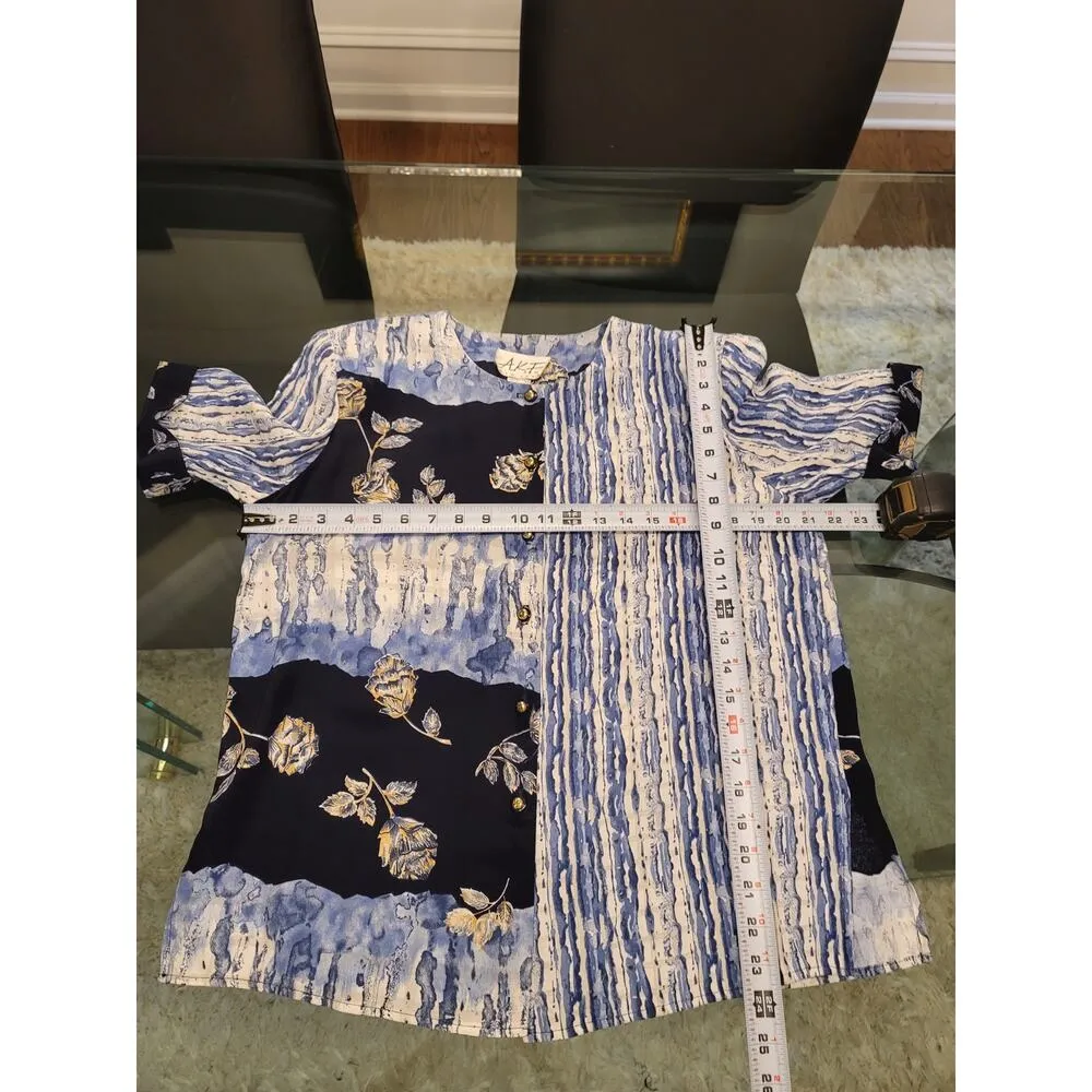 Vintage A.K.F 2 Piece Shirt & Skirt Suit 10 Blue Floral Short Sleeve Round Neck - Image 7