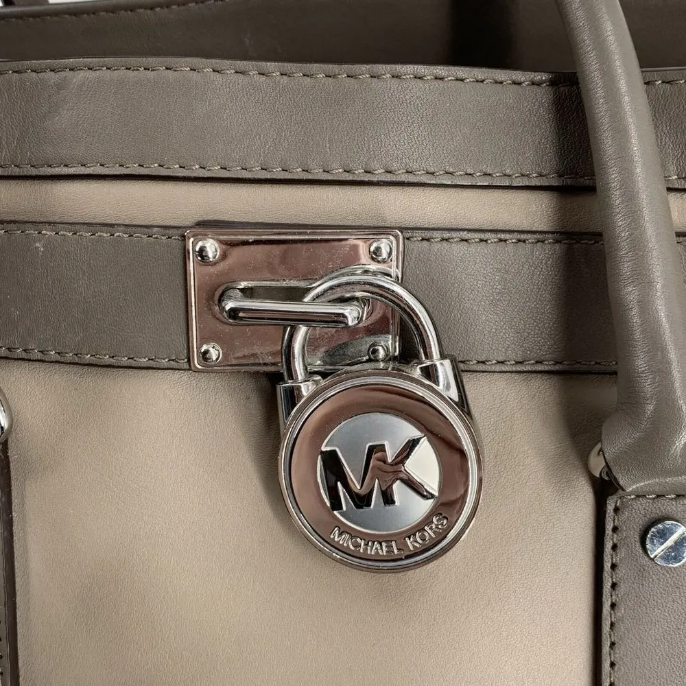 Michael Kors Taupe and Gray Leather Hamilton Silver Lock Satchel Large Handbag - Image 5