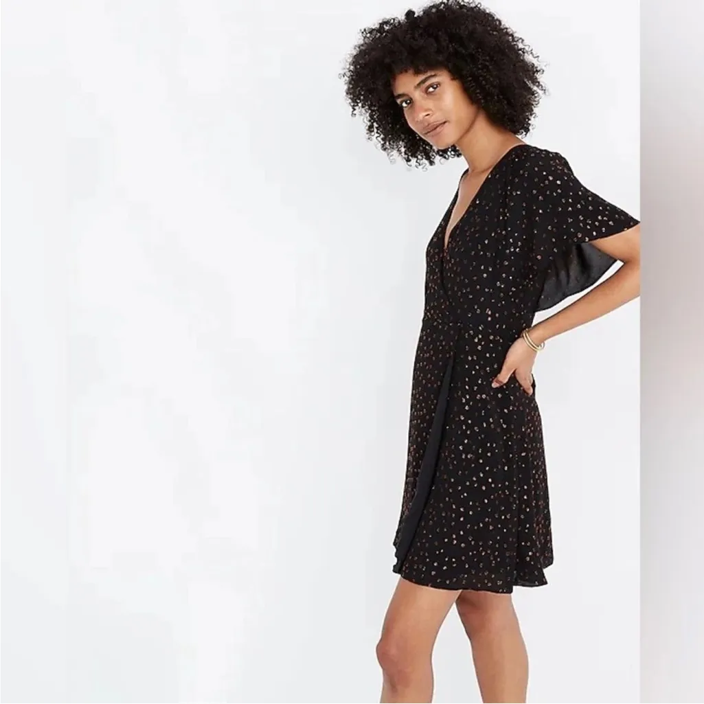 Madewell Black Short Cape Sleeve Metallic Dot Faux Wrap Mini Dress Size 2 - Image 2