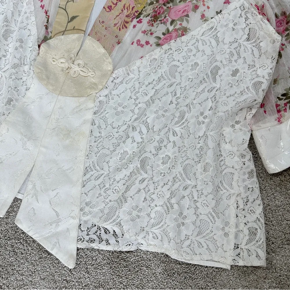 Spencer Alexis Vintage Silk Blend Kimono Top Floral Lace Embroidered Fairy 3X Pink - Image 4