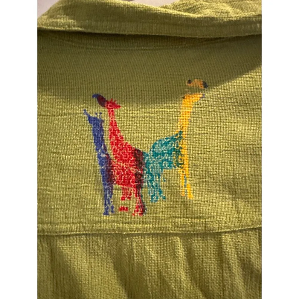 Vintage Mureli Women's Fine Linen Blend Green Beadwork Safari Giraffes Top, sz L Size L - Image 7