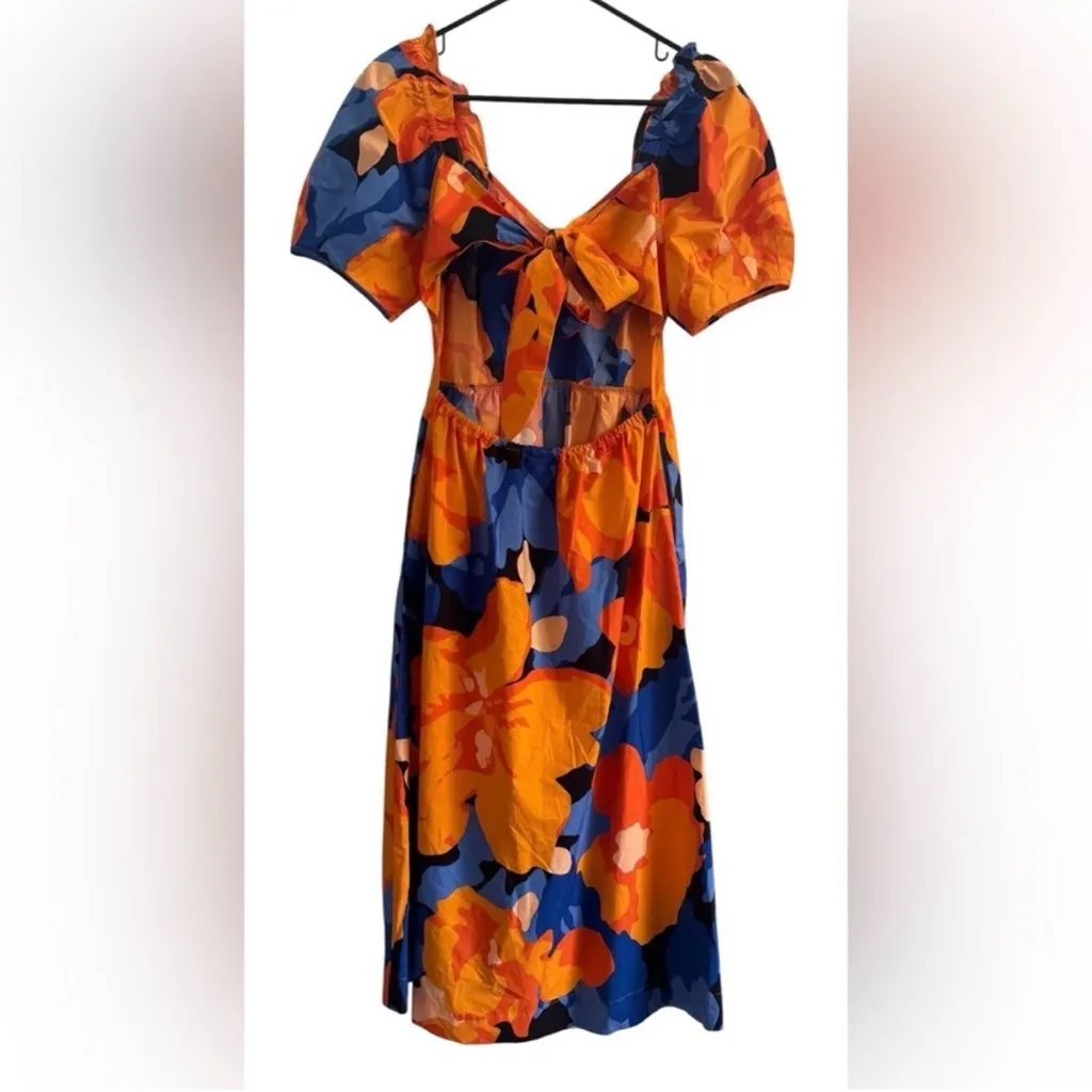 Tabitha Brown Target Vibrant Orange & Blue Floral Dress Puff Sleeve Dress Size 4 - Image 6
