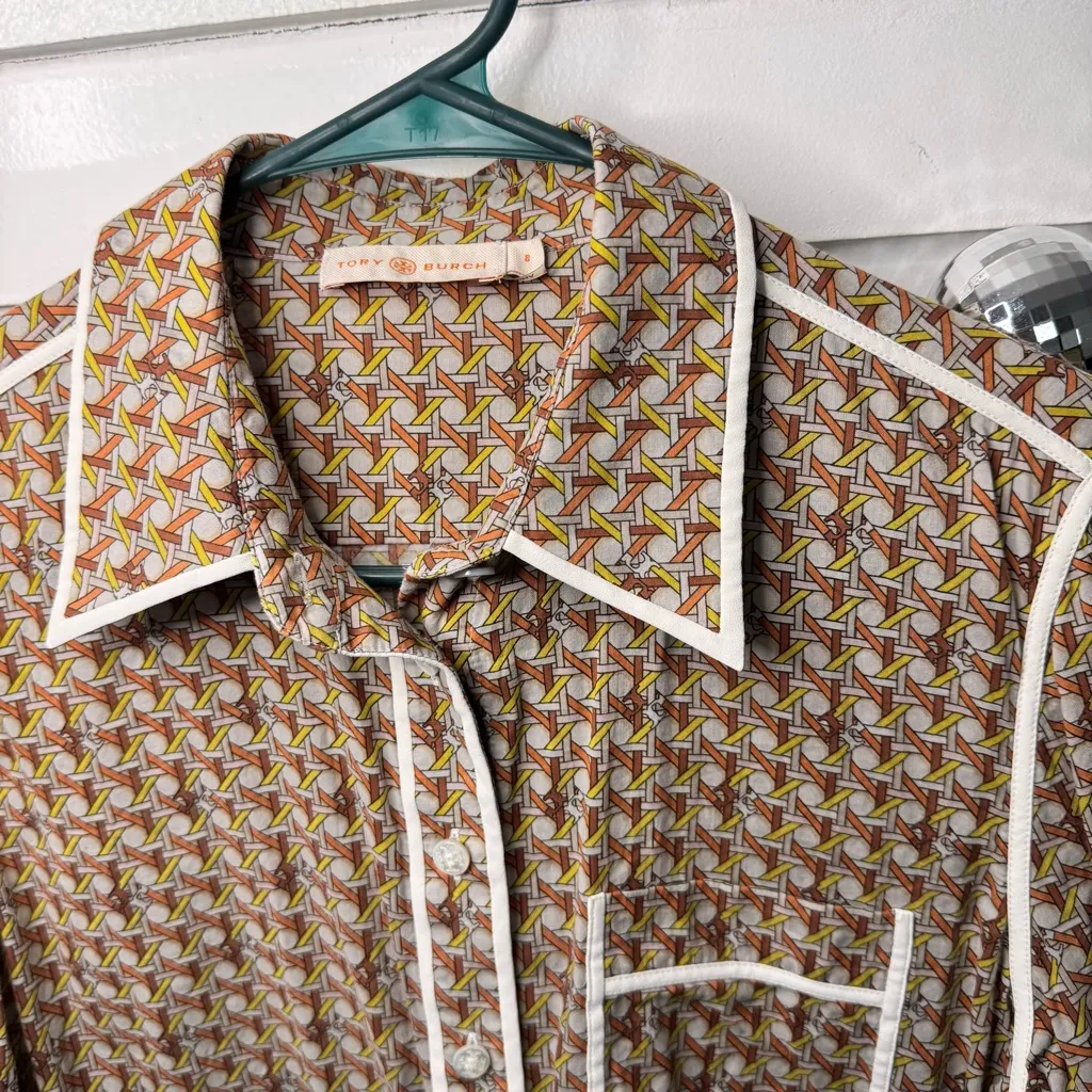 Tory Burch Brigitte Basket Weave Print Contrast Trim Blouse In Buttermilk - Image 6