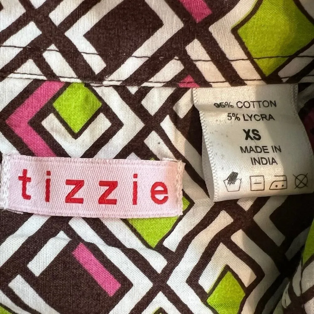 Tizzie Cotton Brown & Lime Green Geometric Tunic Top Contrast Cuffs Size XS - Image 9