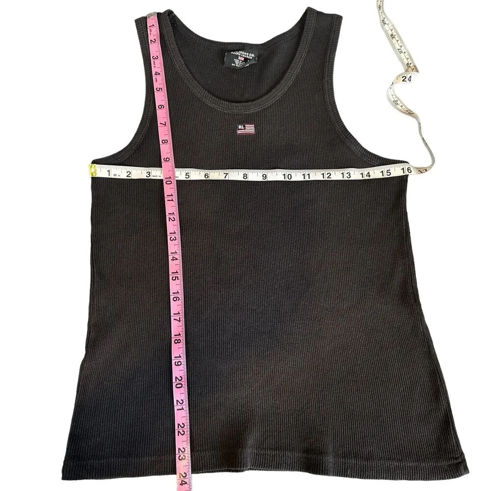 Ralph Lauren Vintage USA American Flag Ribbed Tank Top Black Medium Jeans Polo - Image 9