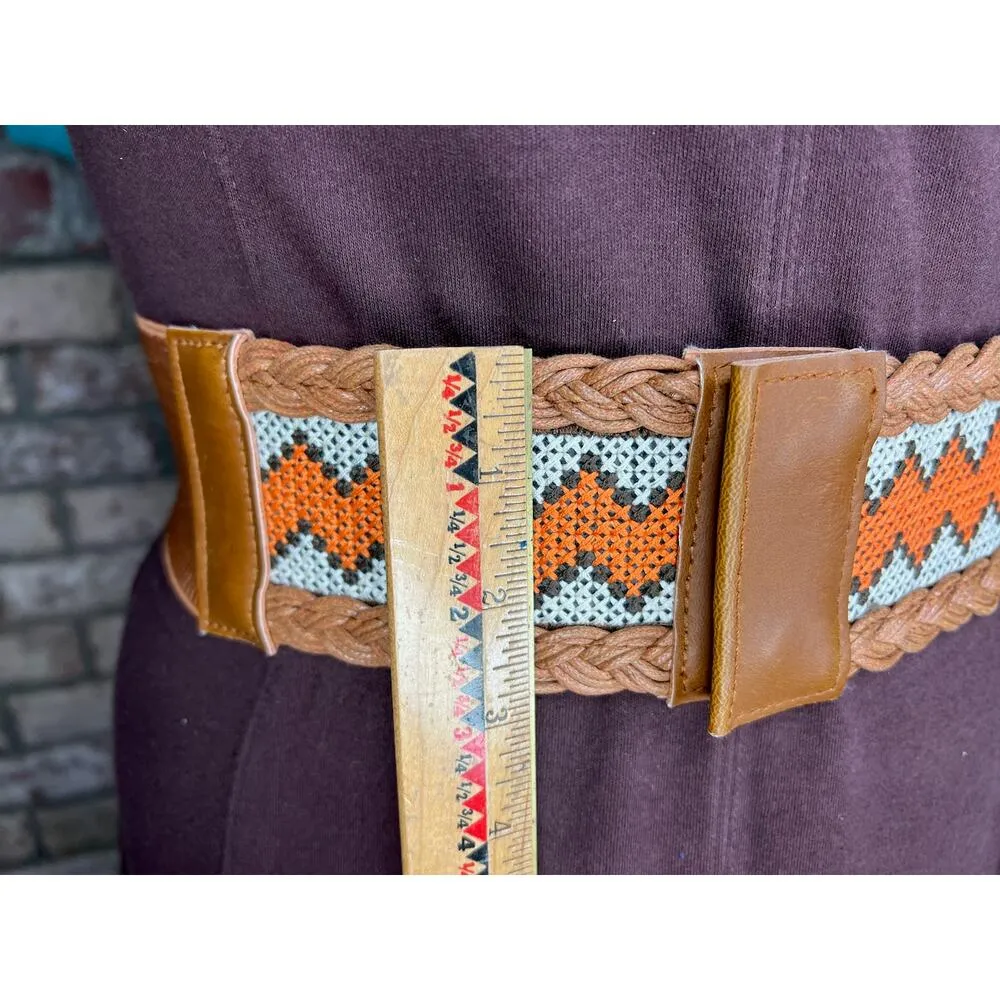 elastic belt boho embroidered braided orange brown white - Image 3