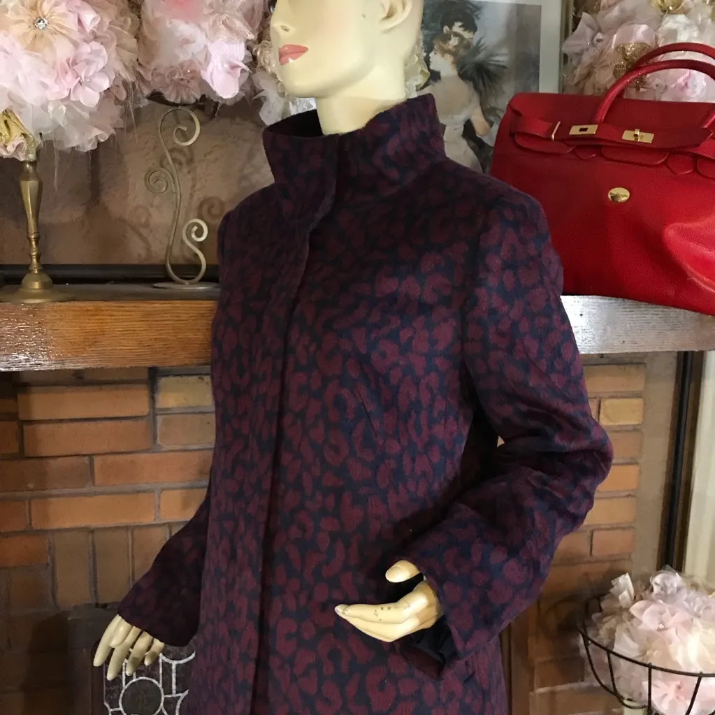 LOFT NAVY BLUE AND MAROON LEOPARD PRINT WOOL BLEND COAT (M) - Image 10
