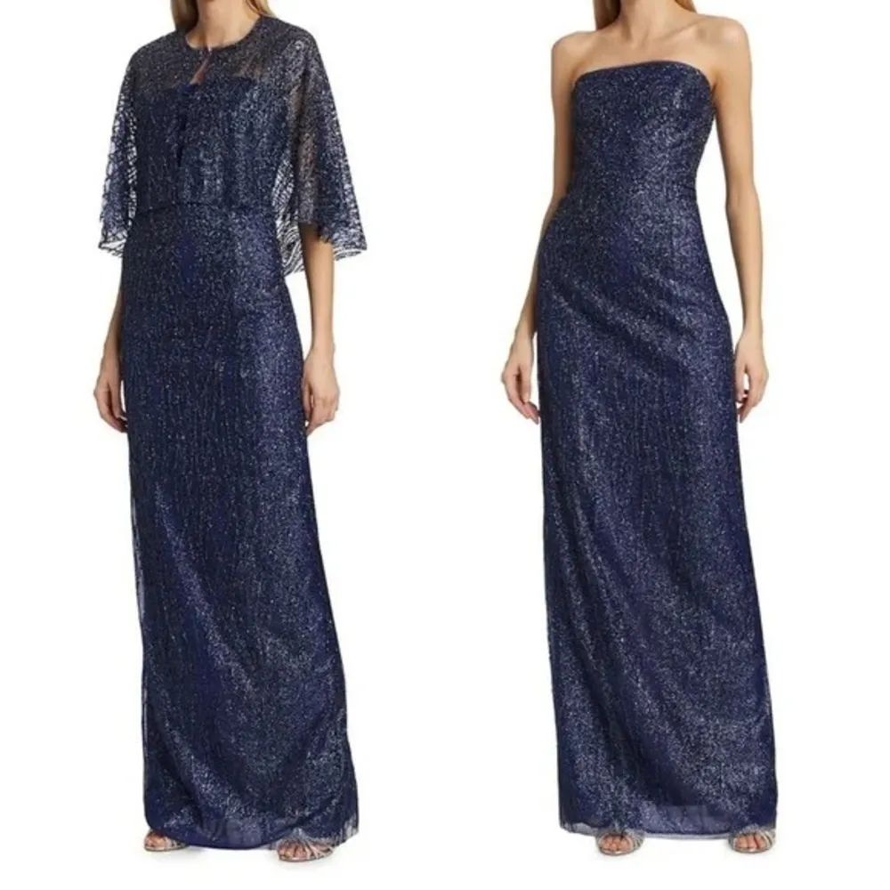 Marchesa Notte Formal Beaded Sequin Column Evening Gown with Removable Cape Blue Size 6 - Image 3