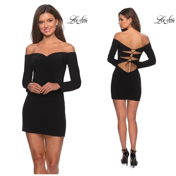 La Femme Black Strappy Back Mini Dress - Image 2