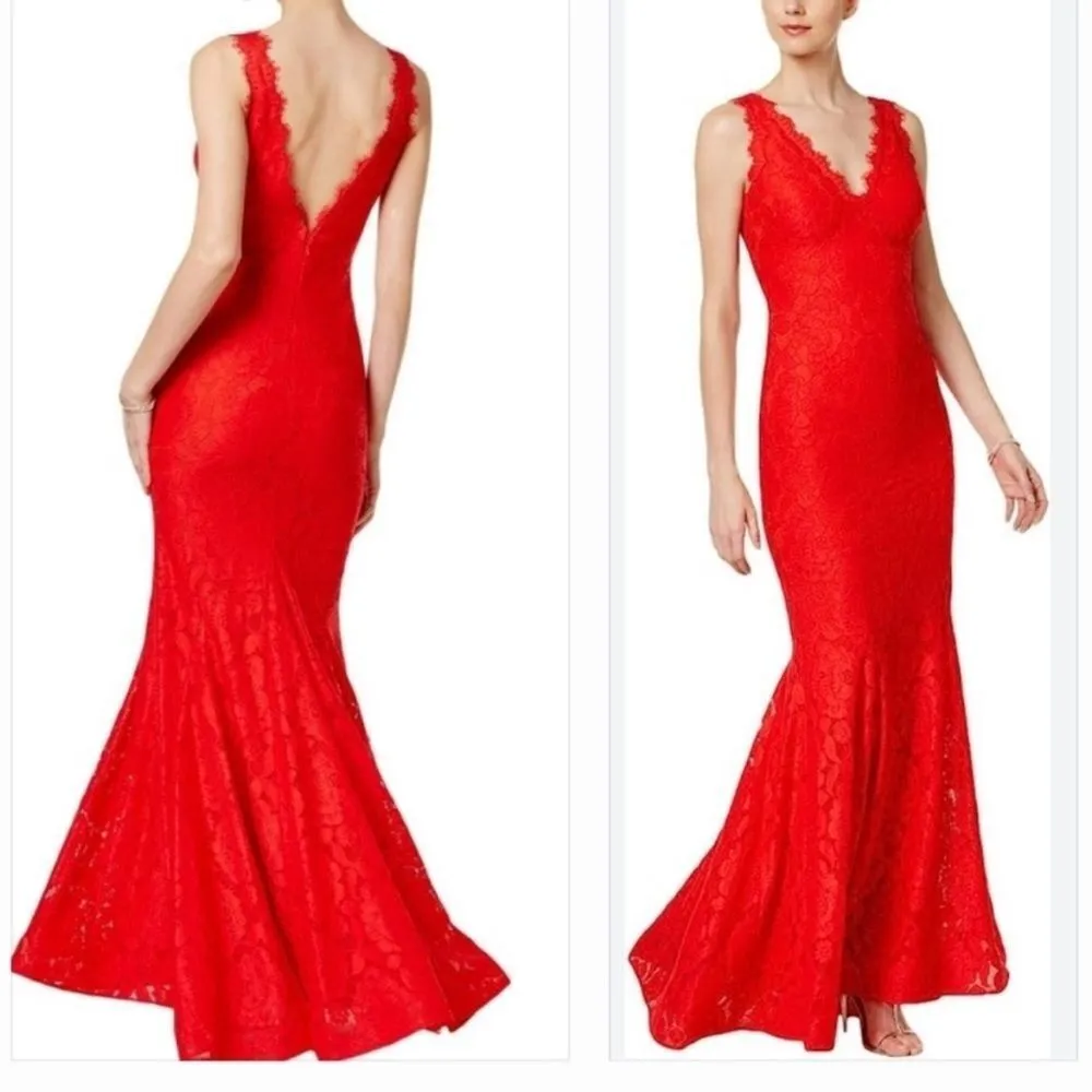 Betsy & Adam V Neck Lace Mermaid Gown Red Size 6 - Image 3
