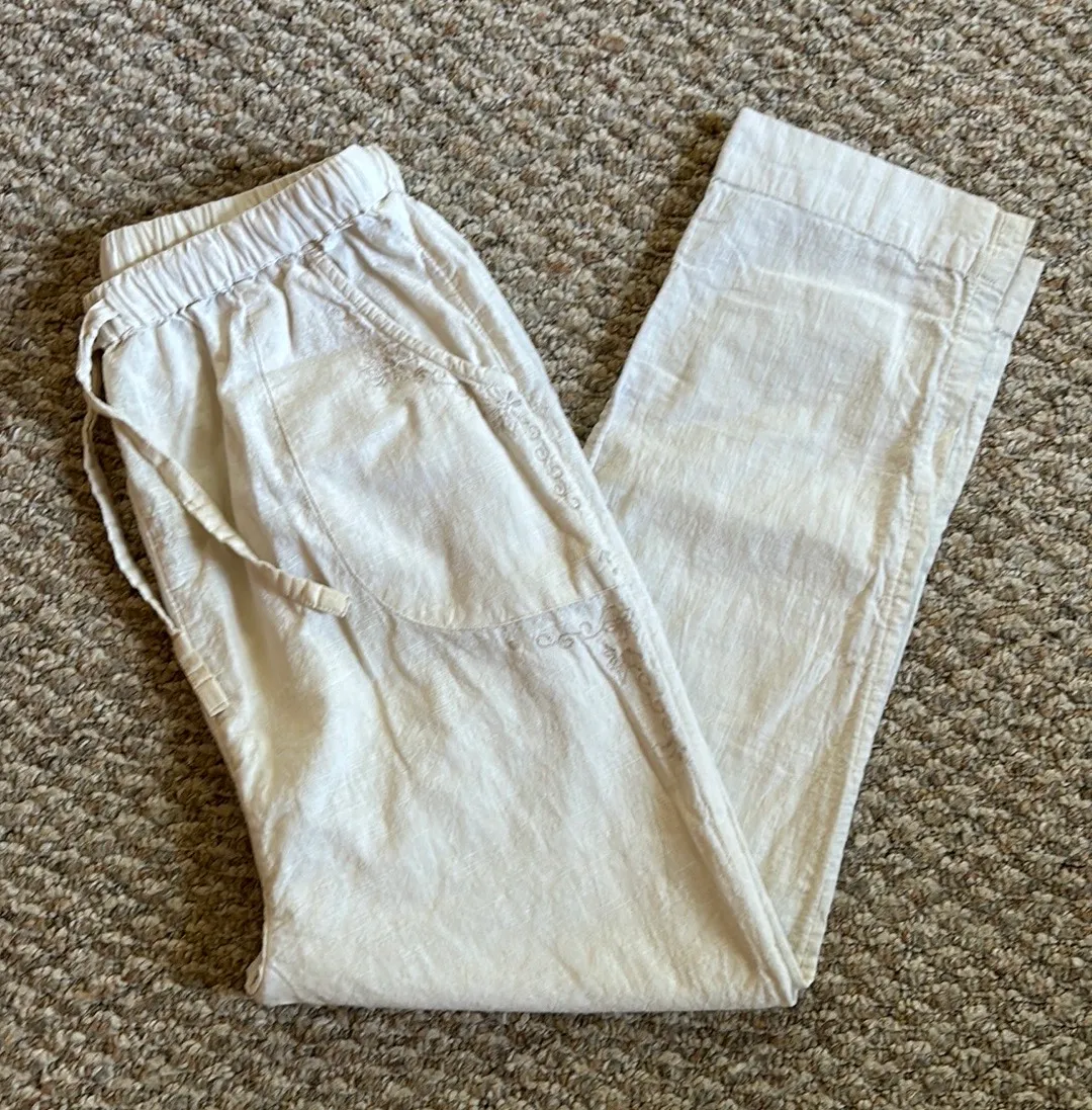 rare cream linen boho embroidered pull on ankle pants - Image 2