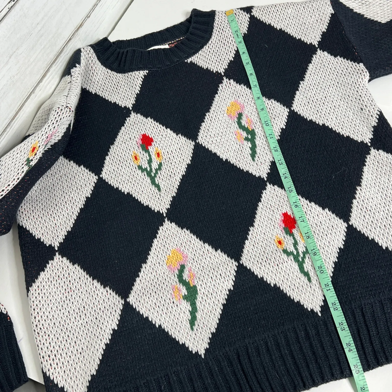 Klesis Argyle Floral Knit Sweater Navy White Diamond Pattern Pullover Small Blue - Image 9