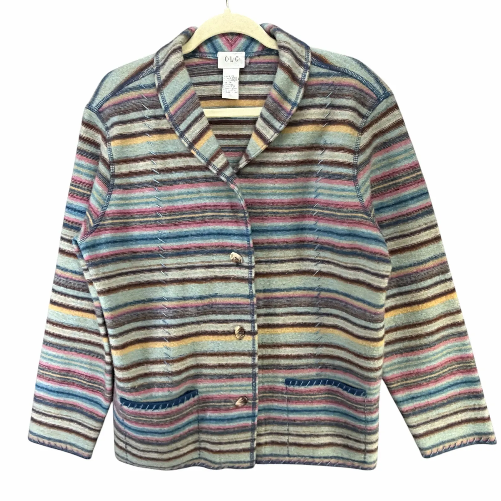 Vintage CLC Wool Sweater Jacket M Rainbow Stripe Shawl Collar Eclectic Boho Blue Size M - Image 2