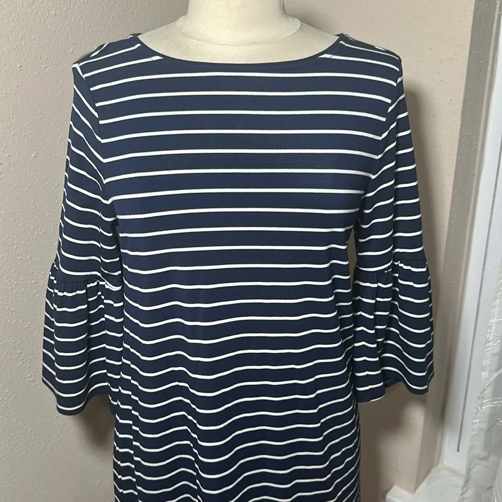 White House Black Market WHBM Navy Blue White Striped Bell Sleeve Dress Medium - Image 13