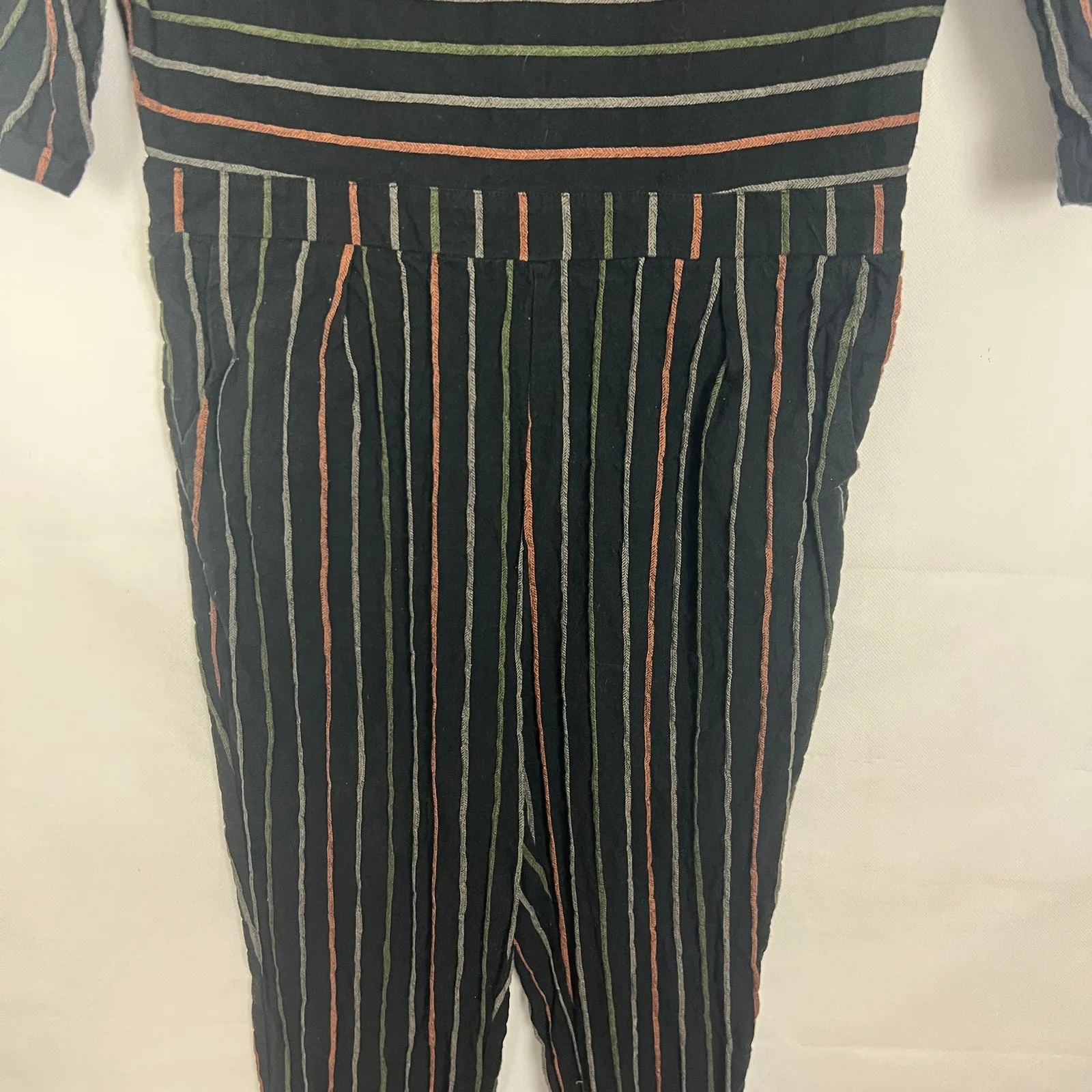 Orange Creek Linen Blend Striped Multicolor Black Jumpsuit Size Large - Image 4
