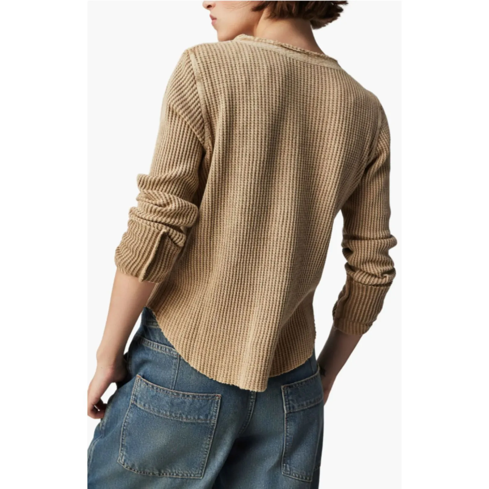 Free People Dolphin Cold Waffle Knit Raw Hem Split Neck Cotton Henley Top Sz XS - Image 6