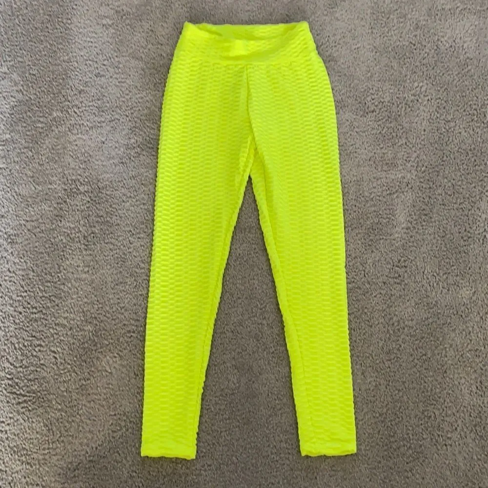 Women’s Leggings/High Waisted Yoga Pants Textured Neon Yellow Fabric Size S NEW - Image 2