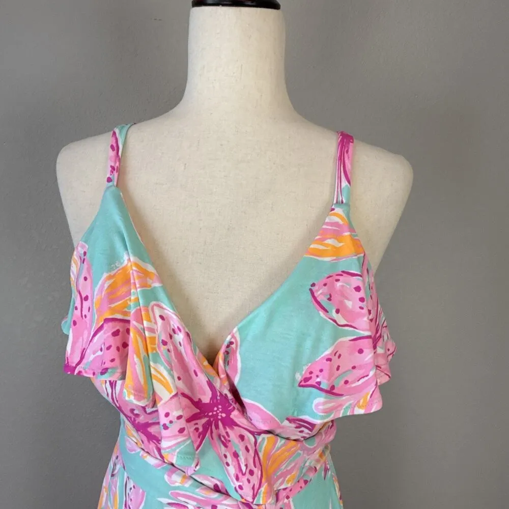 Lilly Pulitzer Womens Fontaine Wrap Dress Size M Bonita Blooms Surf Blue Jersey - Image 3